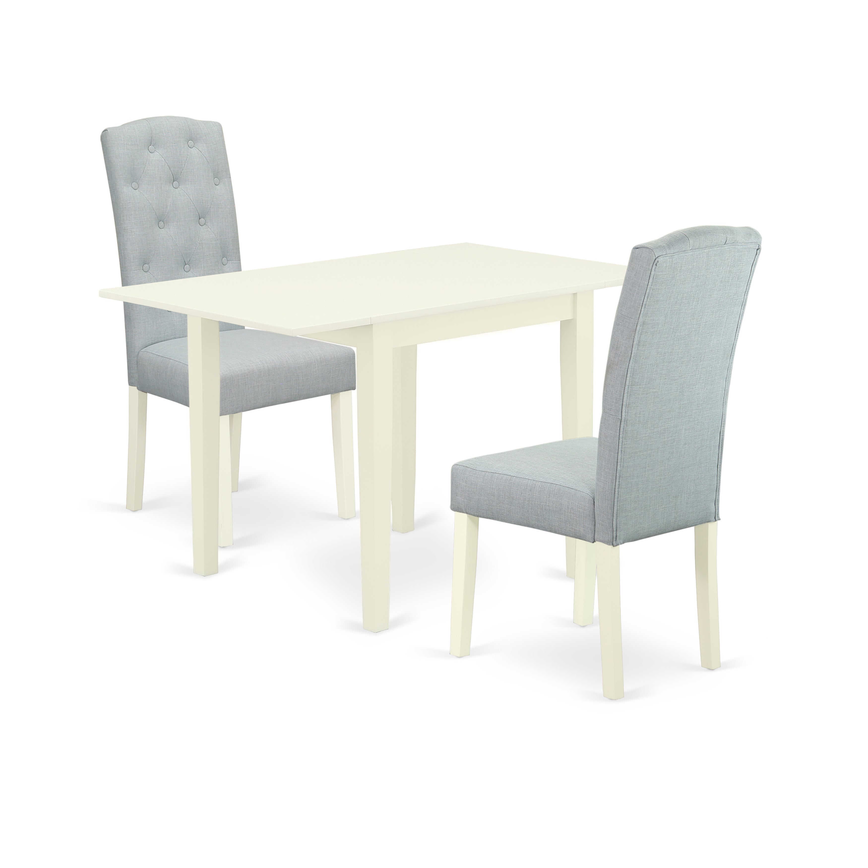 Juego de mesa de comedor de madera East West Furniture 1NDCE3-LWH-15 de 3 piezas: dos sillas Parson y una mesa de madera, acabado blanco lino, tela de lino color azul bebé.