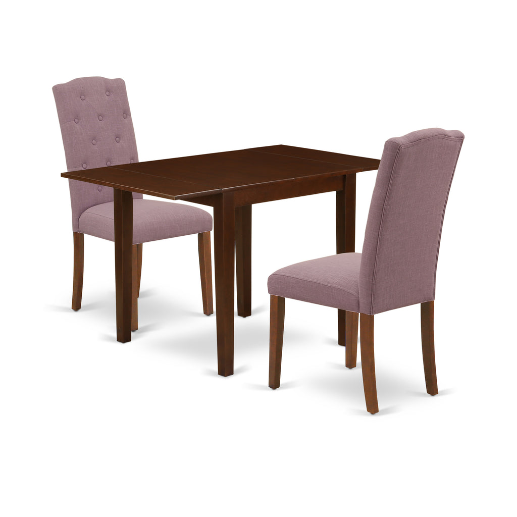Juego de mesa de comedor de madera East West Furniture 1NDCE3-MAH-10 de 3 piezas: 2 sillas y mesa de comedor, acabado caoba, tela de lino color dalia.