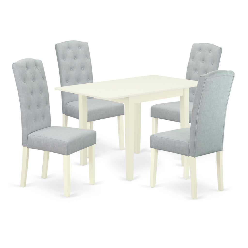 East West Furniture 1NDCE5-LWH-15 Dining Set 5 Pc - 4 Chairs For Dining Room and a wood dining table - Linen White Finish Solid wood - Baby Blue Color Linen Fabric