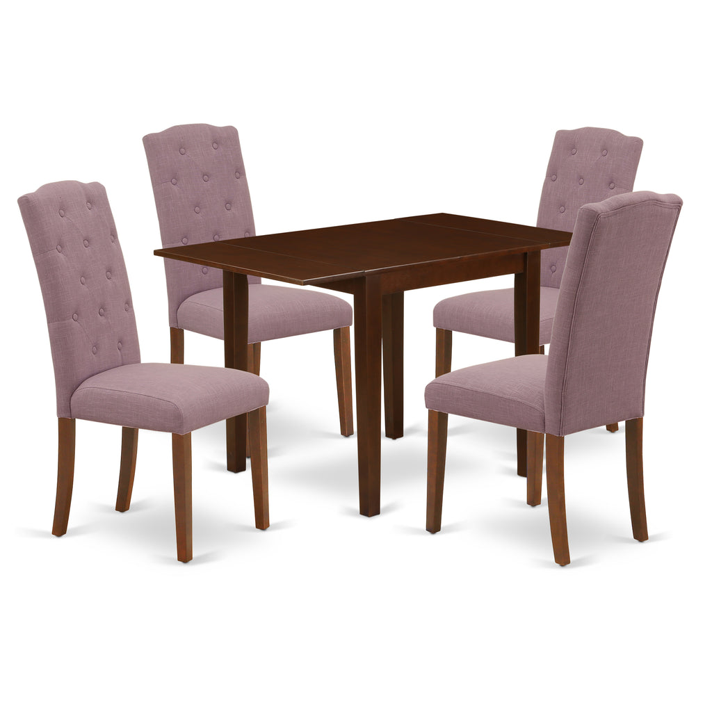 East West Furniture 1NDCE5-MAH-10 5 Piece Dining Room Table Set Includes a Rectangle Kitchen Table with Dropleaf and 4 Dahlia Linen Fabric Parsons Dining Chairs, 30x48 Inch, Mahogany