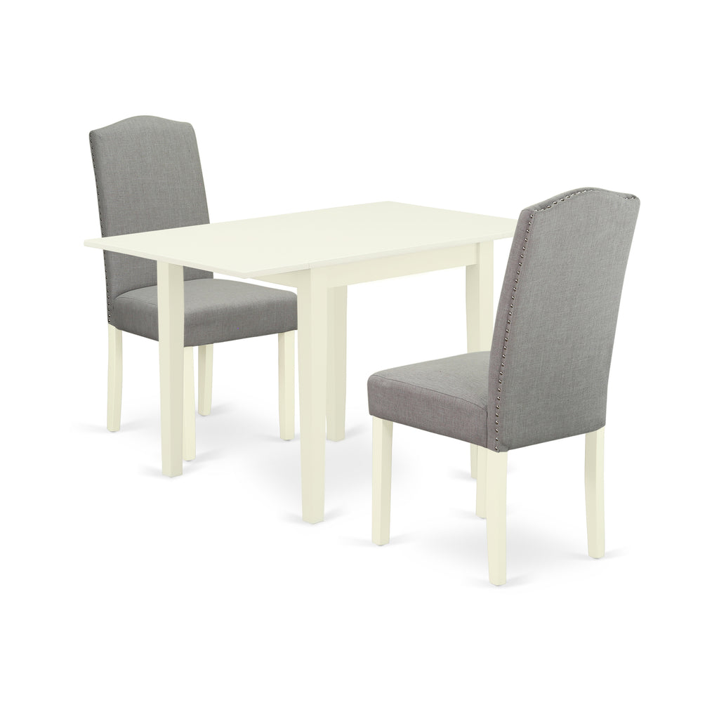 East West Furniture 1NDEN3-LWH-06 3 Piece Dining Table Set Contains a Rectangle Dinner Table with Dropleaf and 2 Dark Shitake Linen Fabric Upholstered Chairs, 30x48 Inch, Linen White