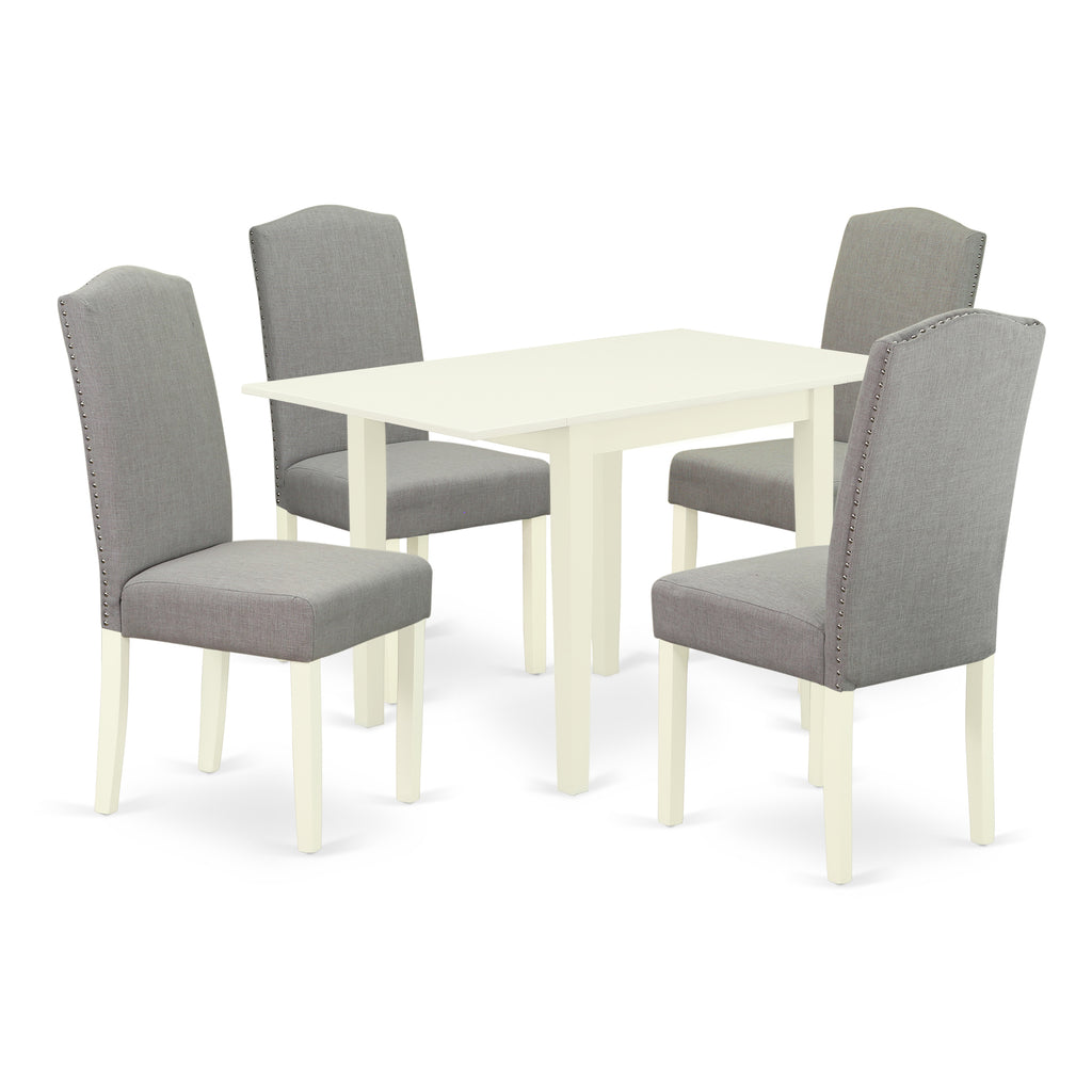 East West Furniture 1NDEN5-LWH-06 5 Piece Dining Table Set for 4 Includes a Rectangle Kitchen Table with Dropleaf and 4 Dark Shitake Linen Fabric Upholstered Chairs, 30x48 Inch, Linen White
