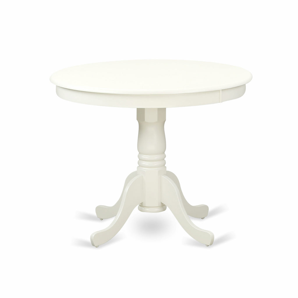 East West Furniture ANDR3-LWH-07 3 Piece Modern Dining Table Set Contains a Round Kitchen Table with Pedestal and 2 Gray Linen Fabric Parsons Dining Chairs