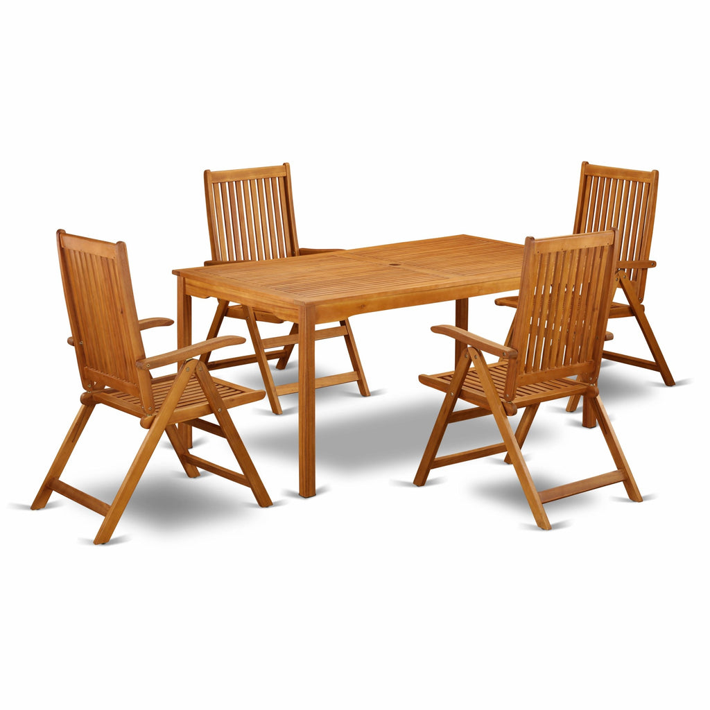 East West Furniture CMCN5NC5N 5 Piece Patio Garden Table Set Includes a Rectangle Outdoor Acacia Wood Dining Table and 4 Folding Adjustable Arm Chairs