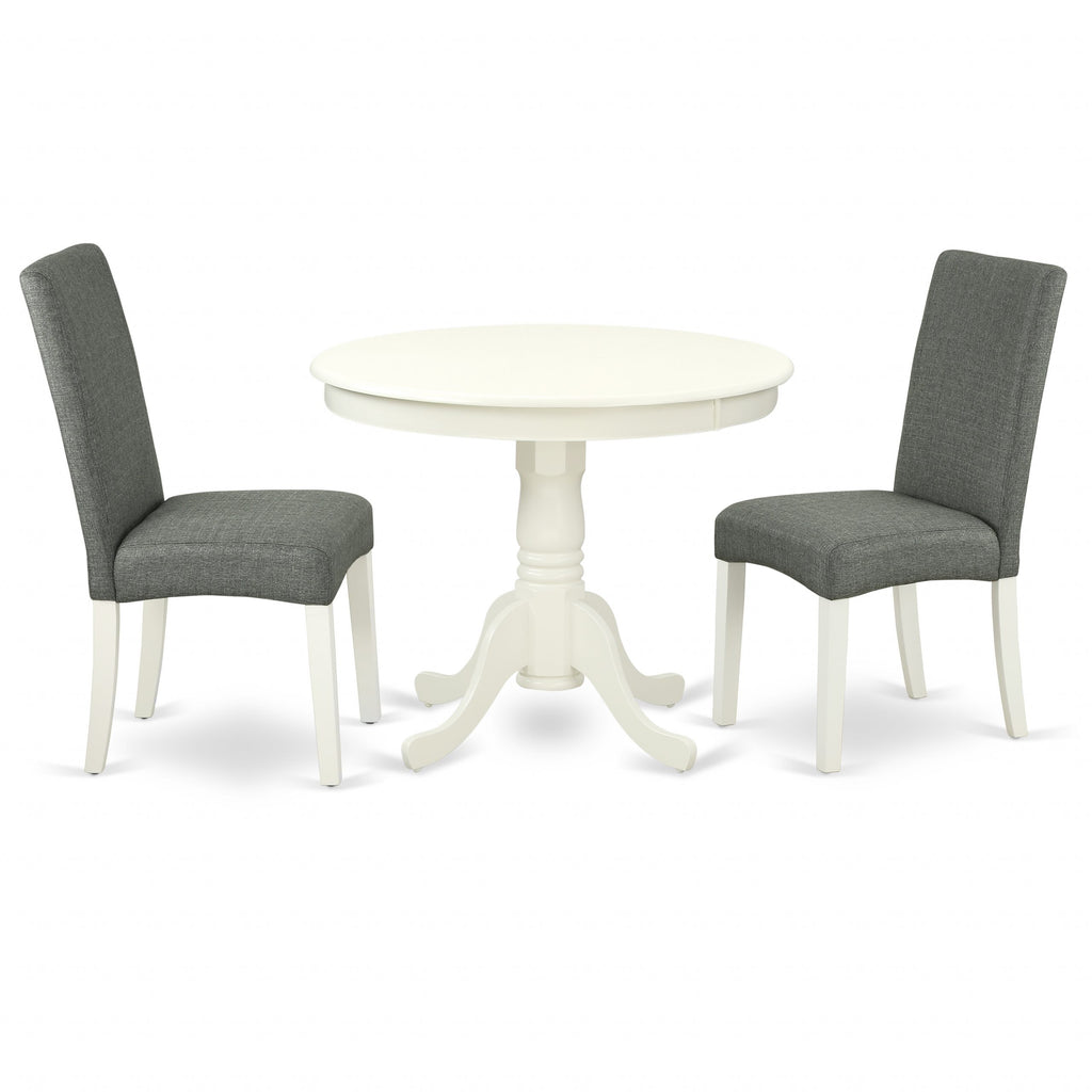 East West Furniture ANDR3-LWH-07 3 Piece Modern Dining Table Set Contains a Round Kitchen Table with Pedestal and 2 Gray Linen Fabric Parsons Dining Chairs