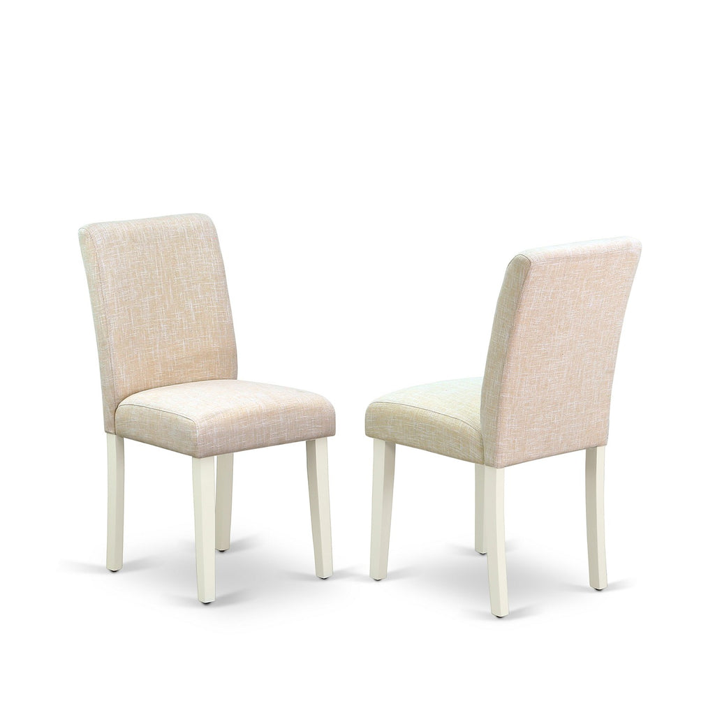 East West Furniture AMAB3-LWH-02 3 Piece Dining Room Furniture Set Contains a Round Dining Table with Pedestal and 2 Light Beige Linen Fabric Upholstered Chairs