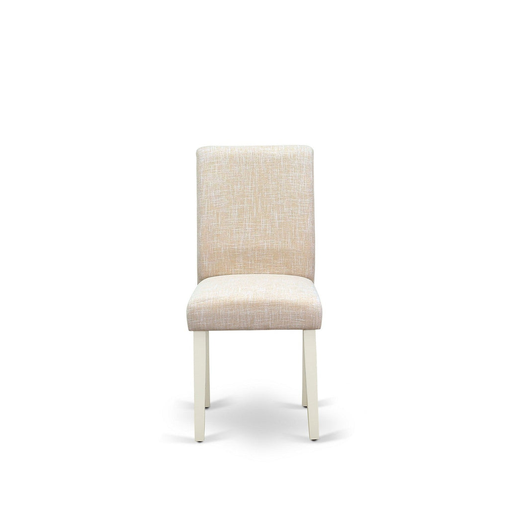 East West Furniture 1MZAB3-LWH-02 3Pc Dining Room Table Set Consists of a Wood Dining Table and 2 Upholstered Dining Chairs with Light Beige Color Linen Fabric, Drop Leaf Table with Full Back Chairs, Linen White Finish