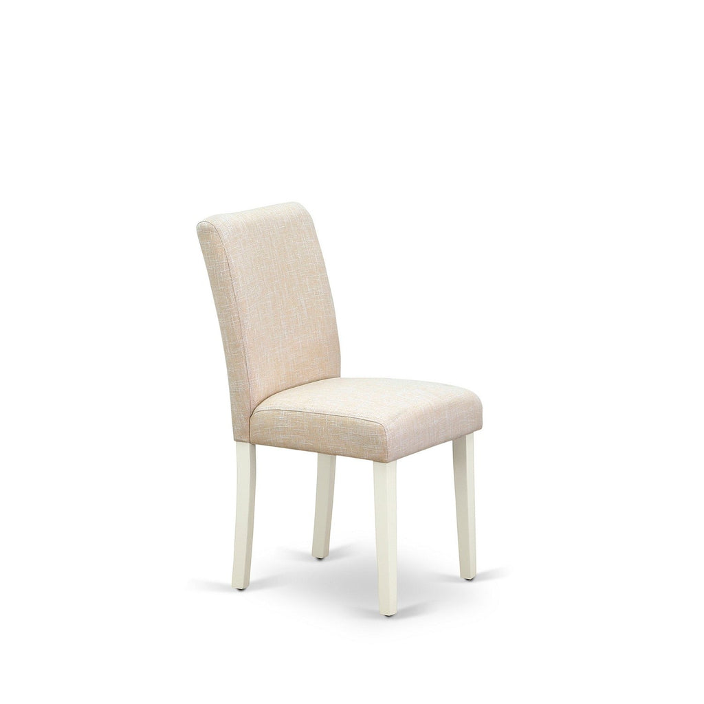 East West Furniture 1MZAB3-LWH-02 3Pc Dining Room Table Set Consists of a Wood Dining Table and 2 Upholstered Dining Chairs with Light Beige Color Linen Fabric, Drop Leaf Table with Full Back Chairs, Linen White Finish