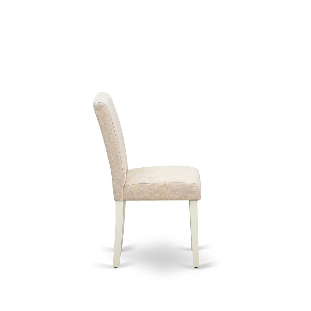 East West Furniture 1MZAB3-LWH-02 3Pc Dining Room Table Set Consists of a Wood Dining Table and 2 Upholstered Dining Chairs with Light Beige Color Linen Fabric, Drop Leaf Table with Full Back Chairs, Linen White Finish