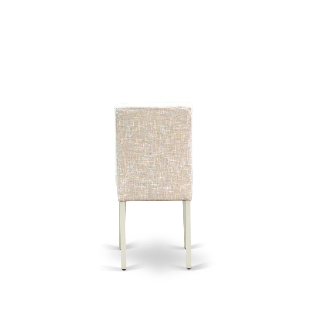 East West Furniture AMAB3-LWH-02 3 Piece Dining Room Furniture Set Contains a Round Dining Table with Pedestal and 2 Light Beige Linen Fabric Upholstered Chairs