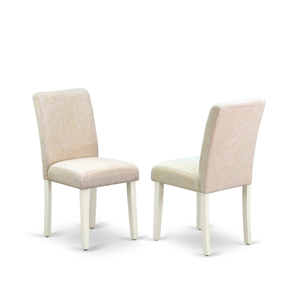 East West Furniture 1MZAB3-LWH-02 3Pc Dining Room Table Set Consists of a Wood Dining Table and 2 Upholstered Dining Chairs with Light Beige Color Linen Fabric, Drop Leaf Table with Full Back Chairs, Linen White Finish