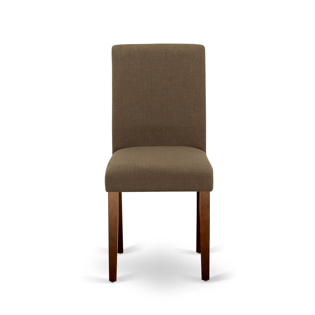 East West Furniture AMAB3-MAH-18 3 Piece Kitchen Table Set for Small Spaces Contains a Round Dining Table with Pedestal and 2 Coffee Linen Fabric Upholstered Chairs