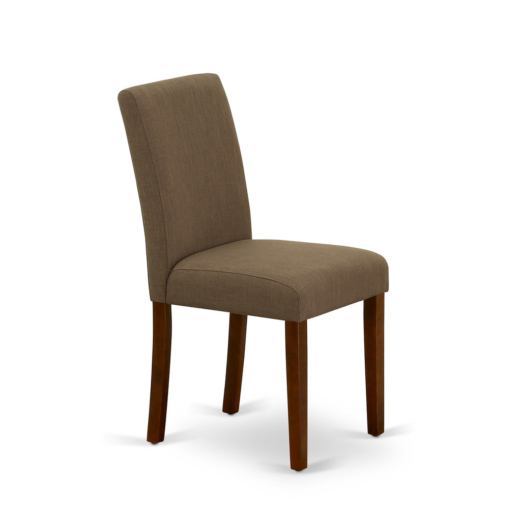 East West Furniture AMAB3-MAH-18 3 Piece Kitchen Table Set for Small Spaces Contains a Round Dining Table with Pedestal and 2 Coffee Linen Fabric Upholstered Chairs