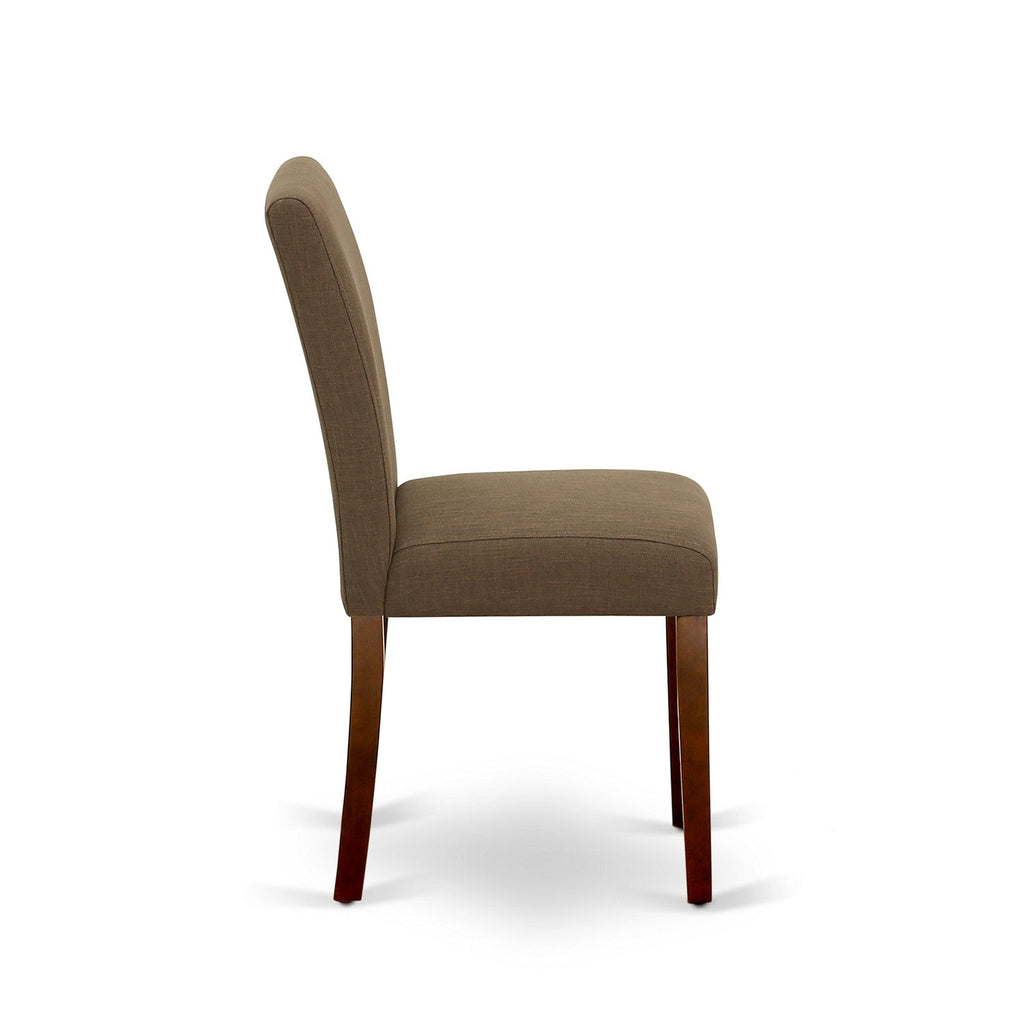 Juego de mesa de comedor de 3 piezas East West Furniture 1MZAB3-MAH-18. Incluye una mesa de comedor y dos sillas Parson con tela de lino color café, mesa abatible con sillas de respaldo completo y acabado caoba.