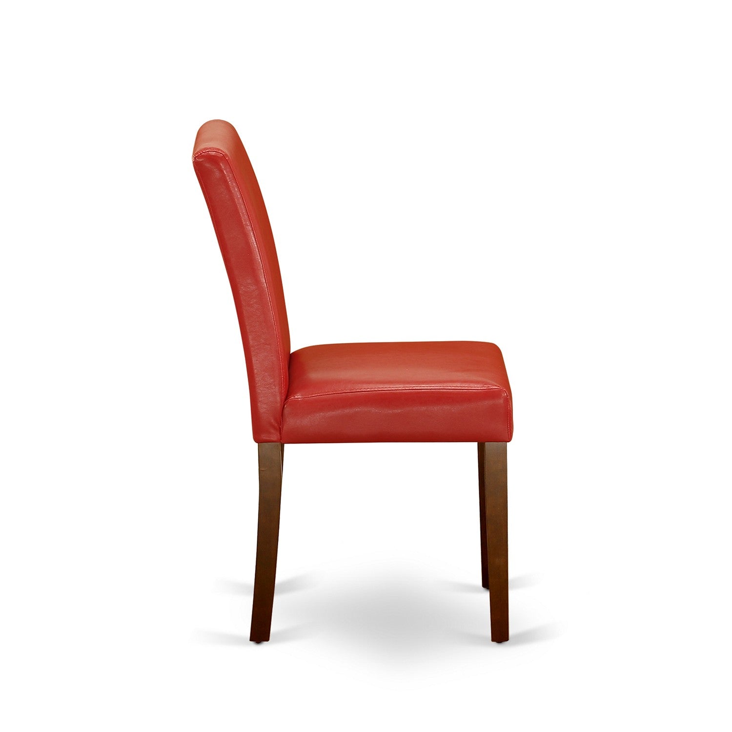 Juego de comedor de 9 piezas East West Furniture DOAB9-MAH-72. Incluye una mesa de comedor rectangular con diseño de hojas de mariposa y 8 sillas tapizadas en piel sintética color rojo ladrillo refractario.