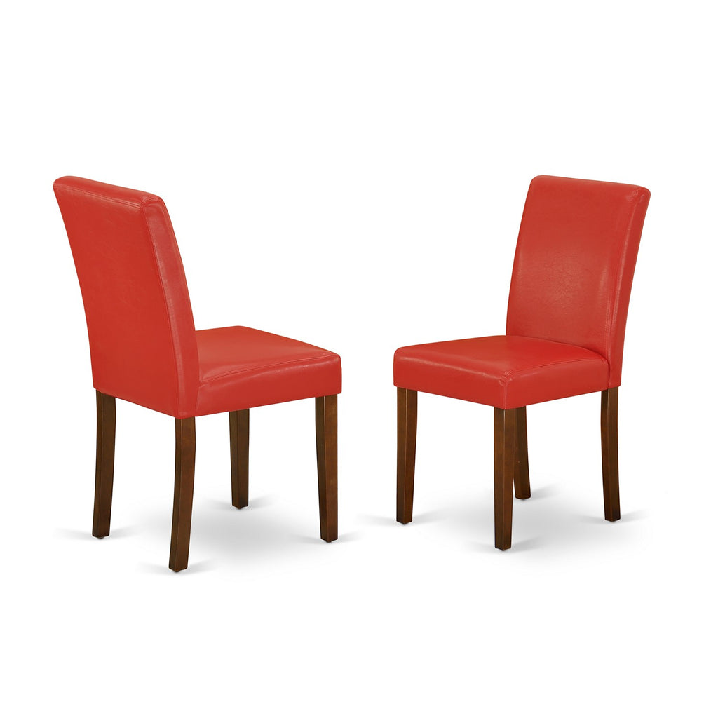 East West Furniture ABP3T72 Abbott Parsons Dining Chairs - Firebrick Red Faux Leather Padded Chairs, Set of 2, Mahogany