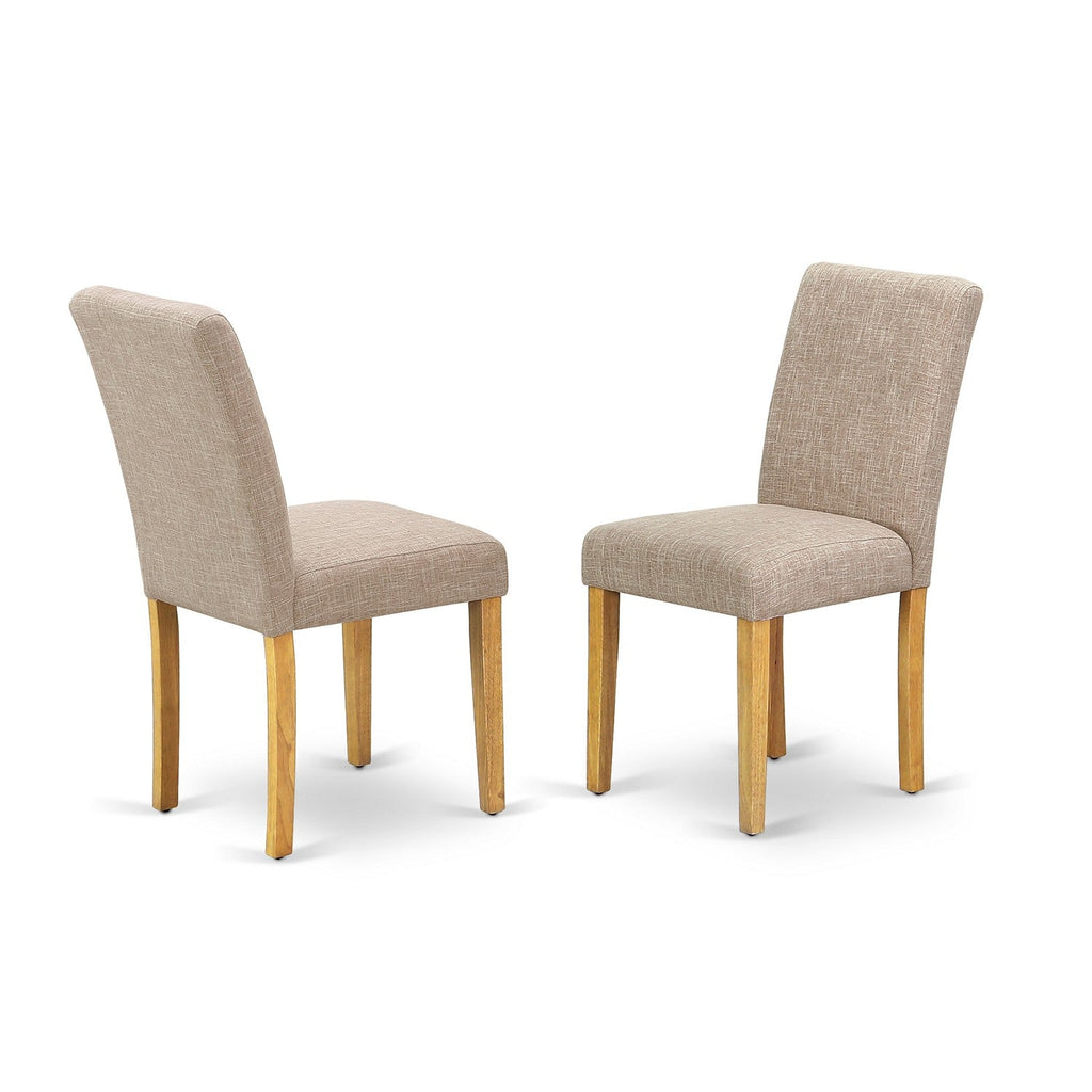 Juego de mesa de cocina de 5 piezas East West Furniture 1MZAB5-OAK-04. Incluye una mesa de comedor y 4 sillas Parson con tela de lino color beige claro, mesa abatible con respaldo completo y acabado en roble.