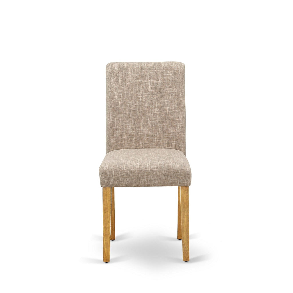 Juego de mesa de cocina de 5 piezas East West Furniture 1MZAB5-OAK-04. Incluye una mesa de comedor y 4 sillas Parson con tela de lino color beige claro, mesa abatible con respaldo completo y acabado en roble.