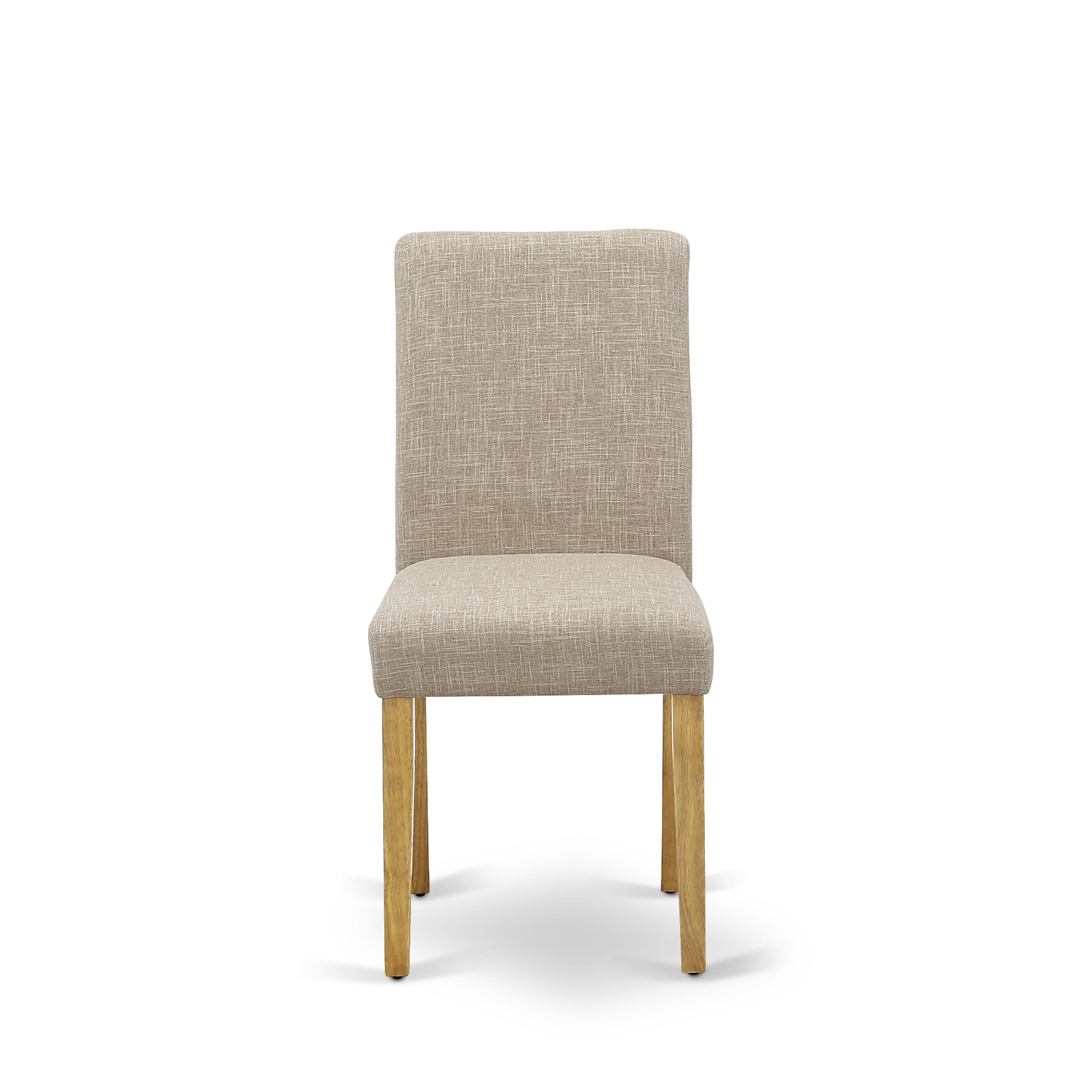 Juego de mesa de comedor de 5 piezas East West Furniture CAAB5-OAK-04 para 4 personas. Incluye una mesa de cocina rectangular y 4 sillas de comedor Parson de tela de lino color tostado claro.