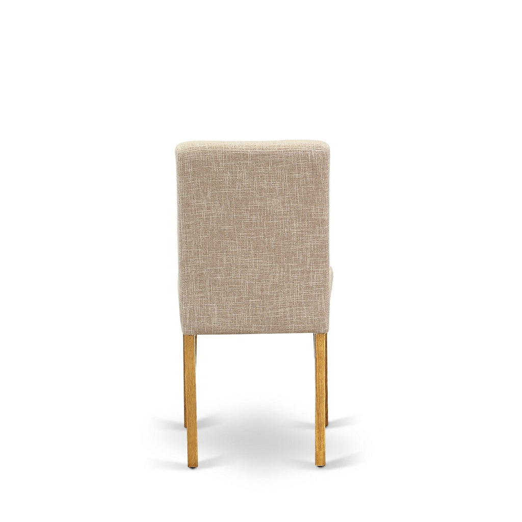 El juego de mesa de comedor East West Furniture VAAB9-OAK-04 de 9 piezas incluye una mesa de comedor ovalada con hojas de mariposa y 8 sillas Parsons de tela de lino color tostado claro.