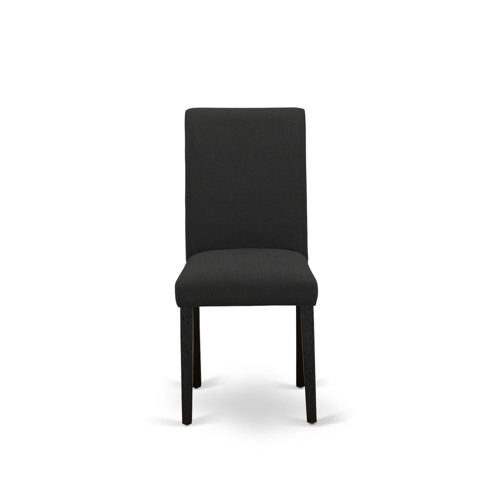 Juego de mesa de comedor moderna de 3 piezas AMAB3-ABK-24 de East West Furniture. Incluye una mesa de cocina redonda con pedestal y dos sillas tapizadas en tela de lino de color negro.