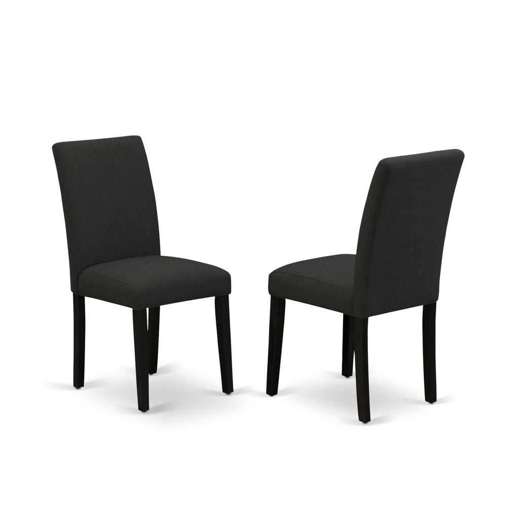 Juego de mesa de comedor moderna de 3 piezas AMAB3-ABK-24 de East West Furniture. Incluye una mesa de cocina redonda con pedestal y dos sillas tapizadas en tela de lino de color negro.