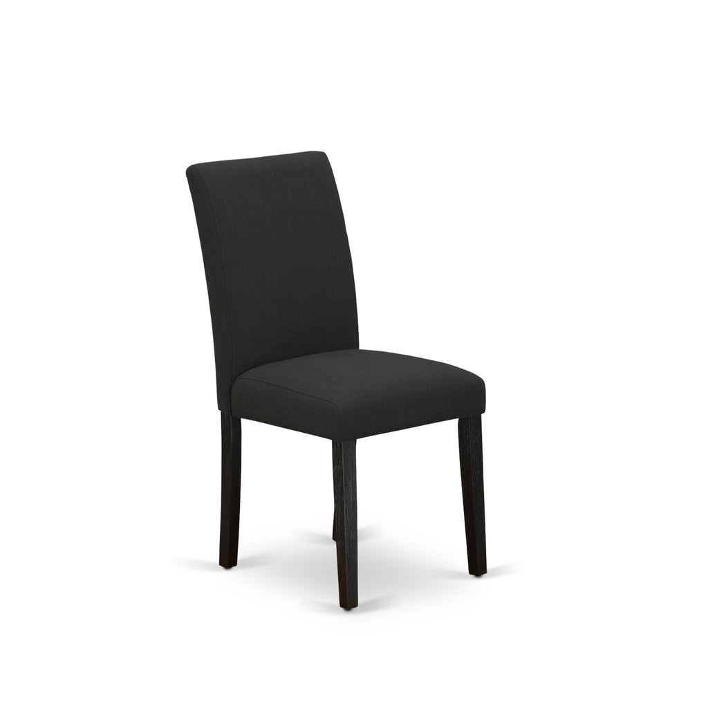 Juego de mesa de comedor moderna de 3 piezas AMAB3-ABK-24 de East West Furniture. Incluye una mesa de cocina redonda con pedestal y dos sillas tapizadas en tela de lino de color negro.