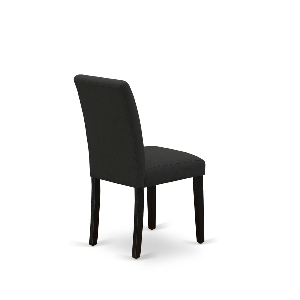 Juego de mesa de comedor moderna de 3 piezas AMAB3-ABK-24 de East West Furniture. Incluye una mesa de cocina redonda con pedestal y dos sillas tapizadas en tela de lino de color negro.