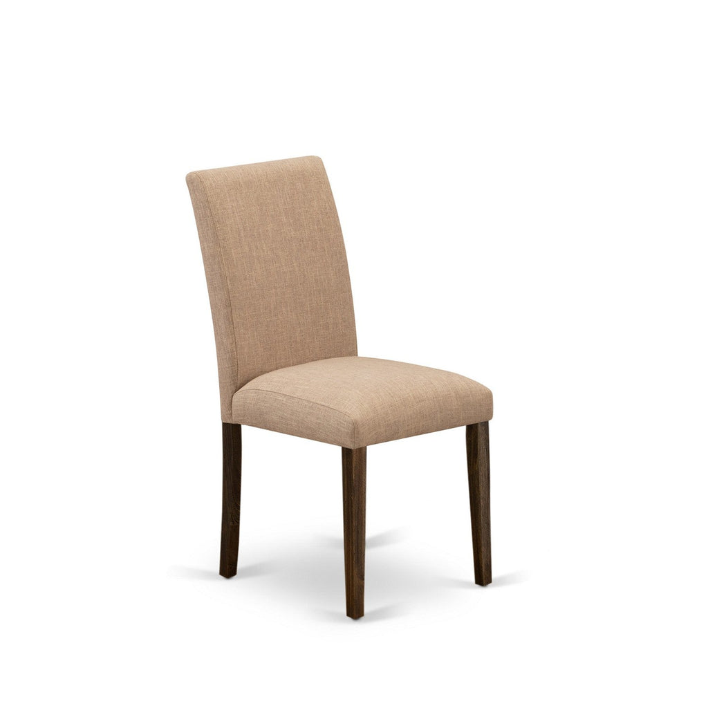 East West Furniture F3AB5-747 5 Piece Modern Dining Table Set Includes a Round Wooden Table with Pedestal and 4 Light Sable Linen Fabric Upholstered Chairs