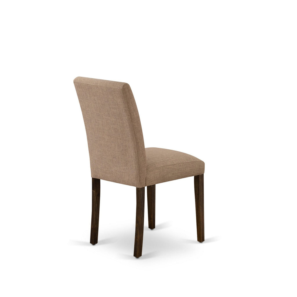 East West Furniture F3AB5-747 5 Piece Modern Dining Table Set Includes a Round Wooden Table with Pedestal and 4 Light Sable Linen Fabric Upholstered Chairs