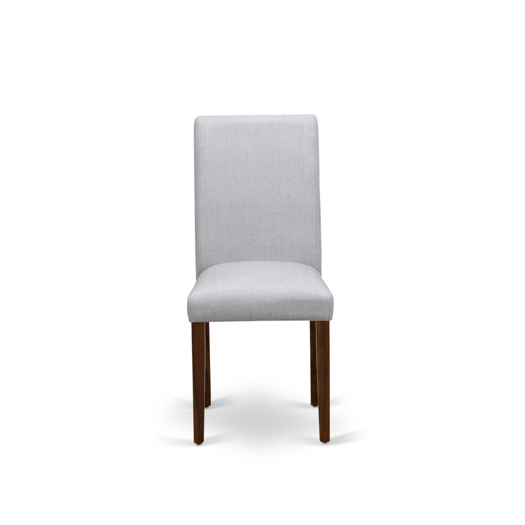 Juego de mesa de comedor de 9 piezas East West Furniture LAAB9-88-05. Incluye una mesa de comedor rectangular con hojas de mariposa y 8 sillas tapizadas en tela de lino gris.