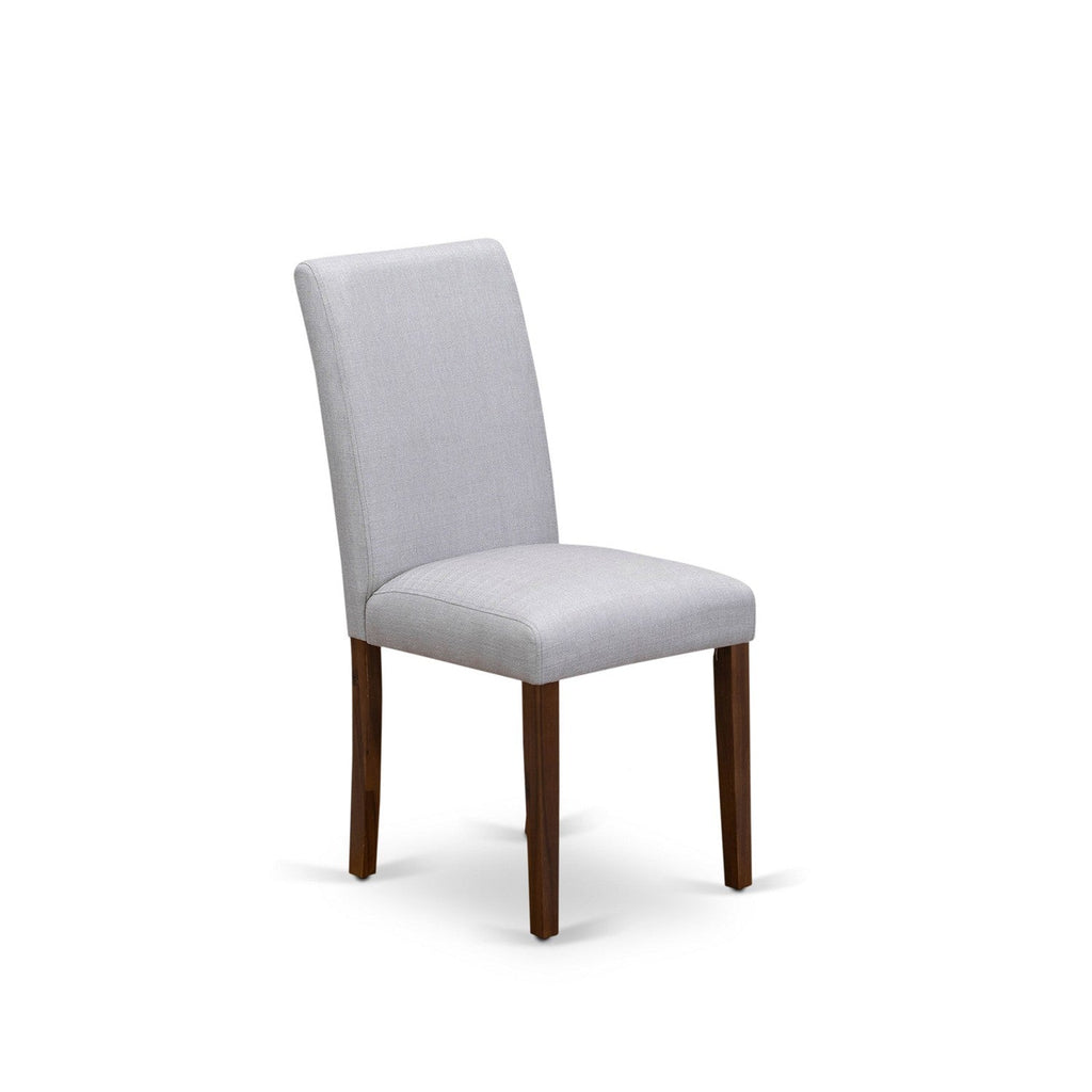 Juego de mesa de comedor de 9 piezas East West Furniture LAAB9-88-05. Incluye una mesa de comedor rectangular con hojas de mariposa y 8 sillas tapizadas en tela de lino gris.