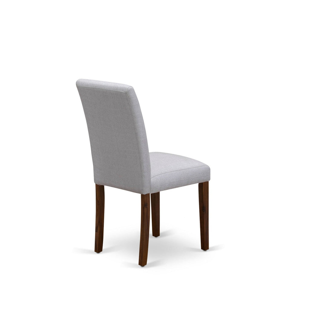 Juego de mesa de comedor de 9 piezas East West Furniture LAAB9-88-05. Incluye una mesa de comedor rectangular con hojas de mariposa y 8 sillas tapizadas en tela de lino gris.