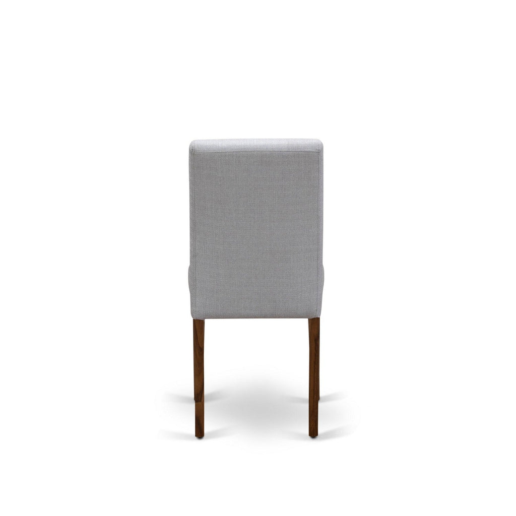 Juego de mesa de comedor de 9 piezas East West Furniture LAAB9-88-05. Incluye una mesa de comedor rectangular con hojas de mariposa y 8 sillas tapizadas en tela de lino gris.