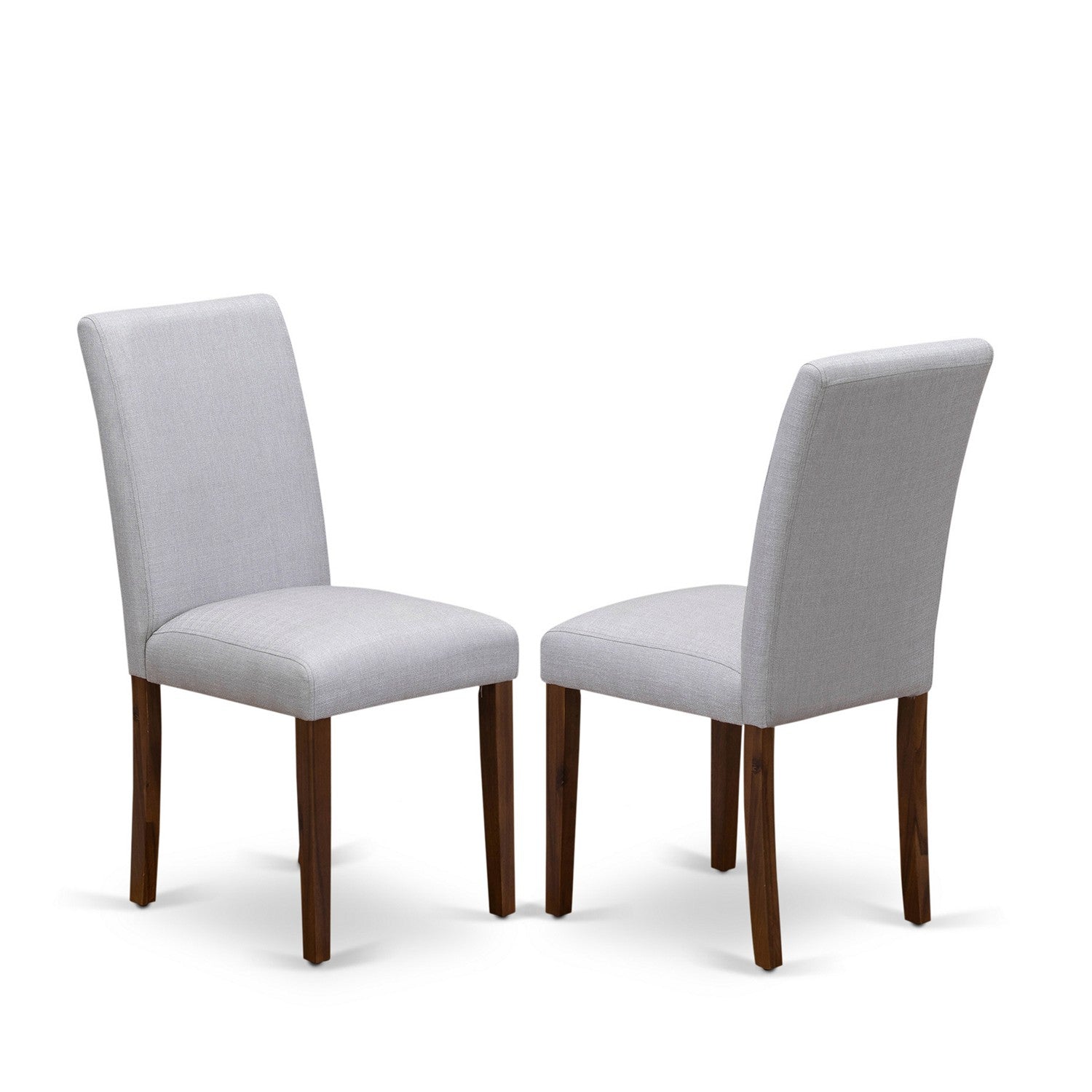 Juego de mesa de comedor de 9 piezas East West Furniture LAAB9-88-05. Incluye una mesa de comedor rectangular con hojas de mariposa y 8 sillas tapizadas en tela de lino gris.