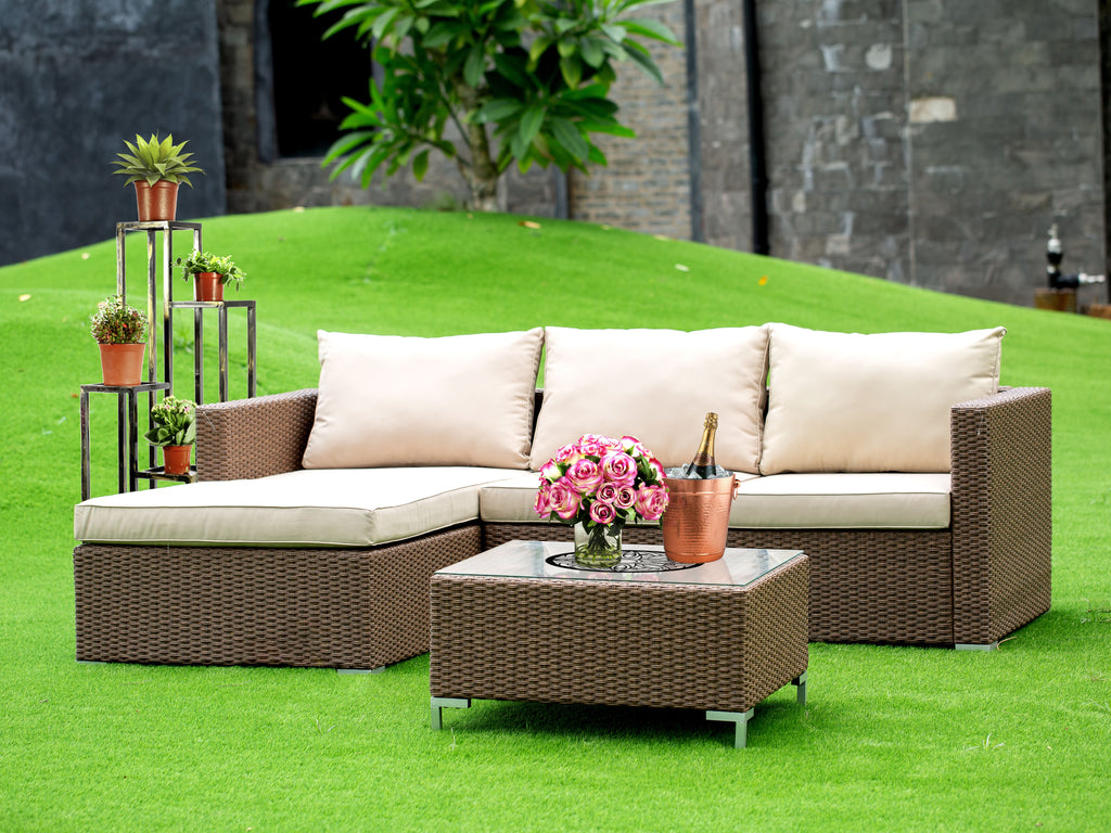 East West Furniture ACL3S02A 3 Piece Patio Conversation Set - Outdoor Sectional Sofa Set  Contains a Rectangle Glass Top Wicker Coffee Table  and Linen Fabric Cushion