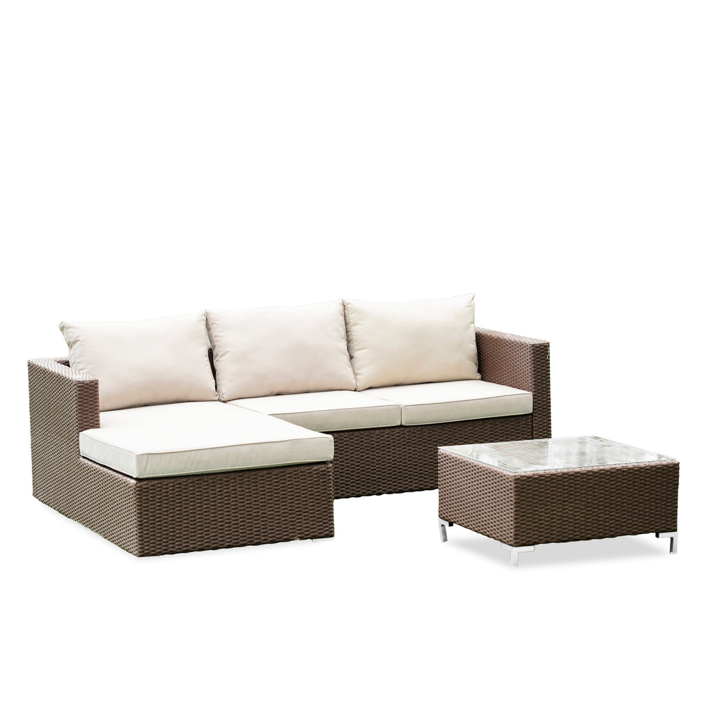 East West Furniture ACL3S02A 3 Piece Patio Conversation Set - Outdoor Sectional Sofa Set  Contains a Rectangle Glass Top Wicker Coffee Table  and Linen Fabric Cushion