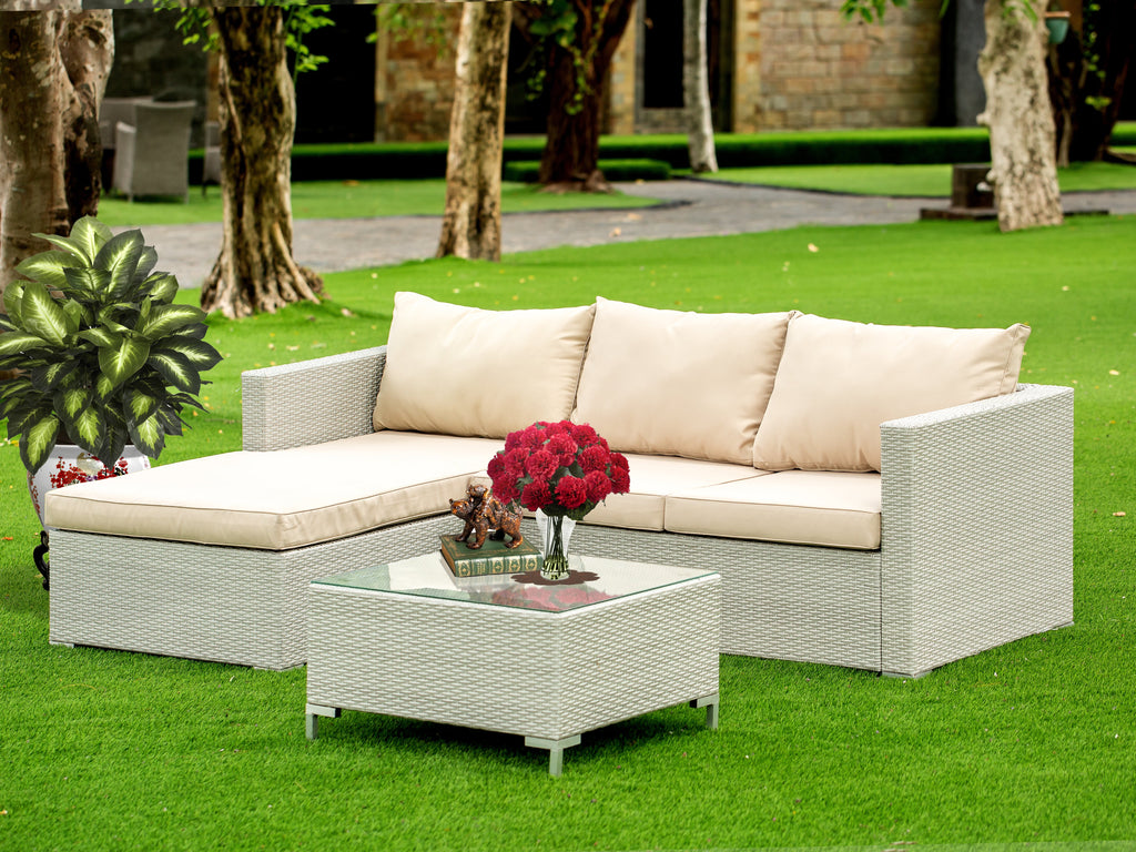East West Furniture ACL3S03A 3 Piece Patio Furniture Set - Outdoor Sectional Sofa Set  Contains a Rectangle Glass Top Bistro Wicker Tea Table  and Linen Fabric Cushion