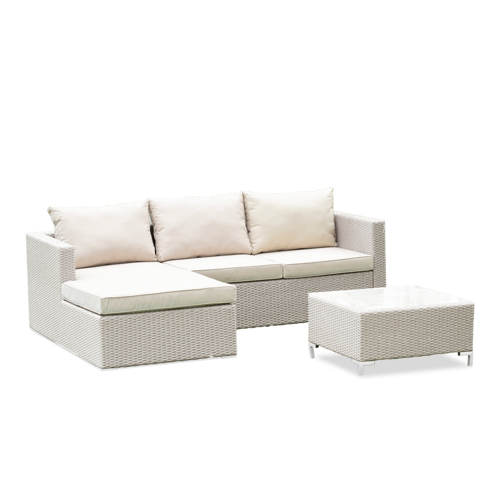 East West Furniture ACL3S03A 3 Piece Patio Furniture Set - Outdoor Sectional Sofa Set  Contains a Rectangle Glass Top Bistro Wicker Tea Table  and Linen Fabric Cushion