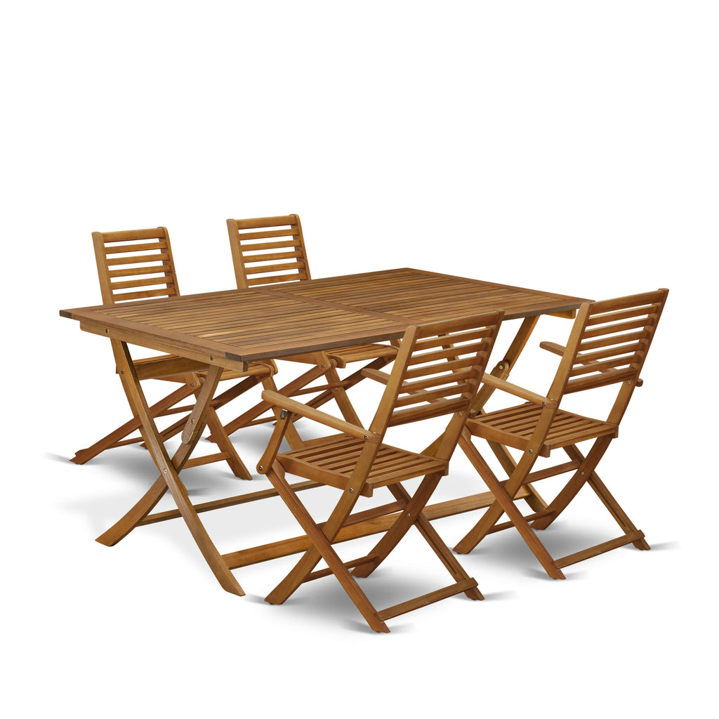 East West Furniture AEBS5CANA 5 Piece Patio Garden Table Set Includes a Rectangle Outdoor Acacia Wood Dining Table and 4 Folding Arm Chairs