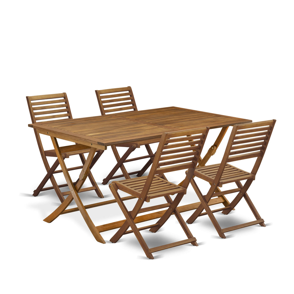 East West Furniture AEBS5CWNA 5 Piece Outdoor Patio Dining Sets Includes a Rectangle Acacia Wood Table and 4 Folding Side Chairs, 36x60 Inch, Natural Oil