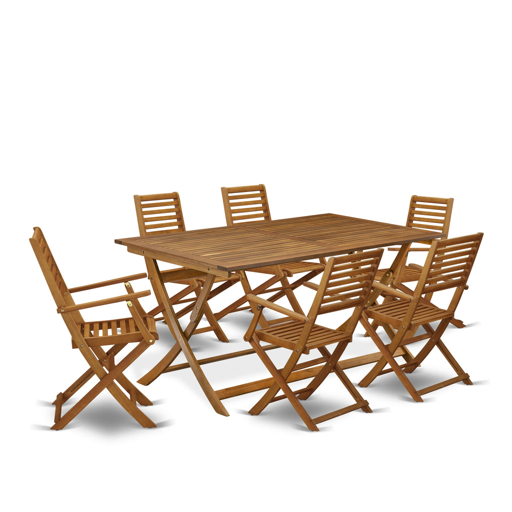 East West Furniture AEBS7CANA 7 Piece Patio Bistro Dining Furniture Set Consist of a Rectangle Outdoor Acacia Wood Table and 6 Folding Arm Chairs