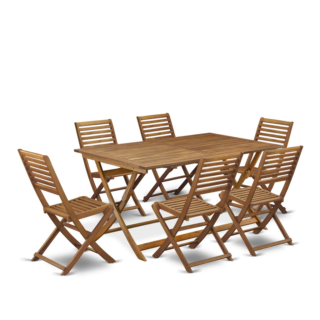 East West Furniture AEBS7CWNA 7 Piece Outdoor Patio Dining Sets Consist of a Rectangle Acacia Wood Table and 6 Folding Side Chairs
