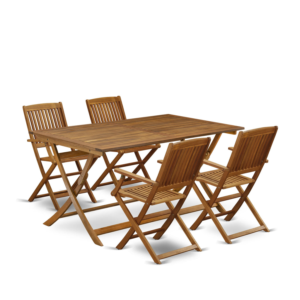 East West Furniture AECM5CANA 5 Piece Outdoor Patio Dining Sets Includes a Rectangle Acacia Wood Table and 4 Folding Arm Chairs