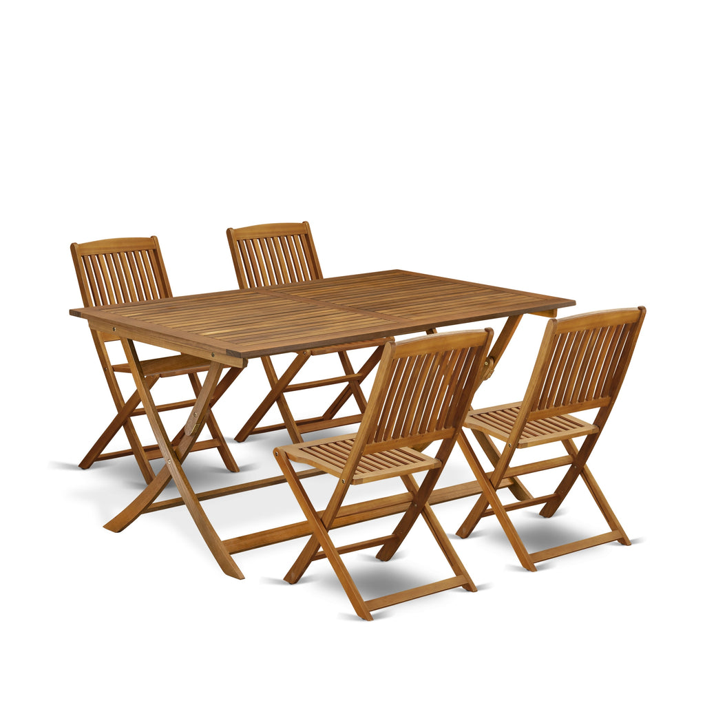 East West Furniture AECM5CWNA 5 Piece Patio Bistro Dining Furniture Set Includes a Rectangle Outdoor Acacia Wood Table and 4 Folding Side Chairs, 36x60 Inch, Natural Oil