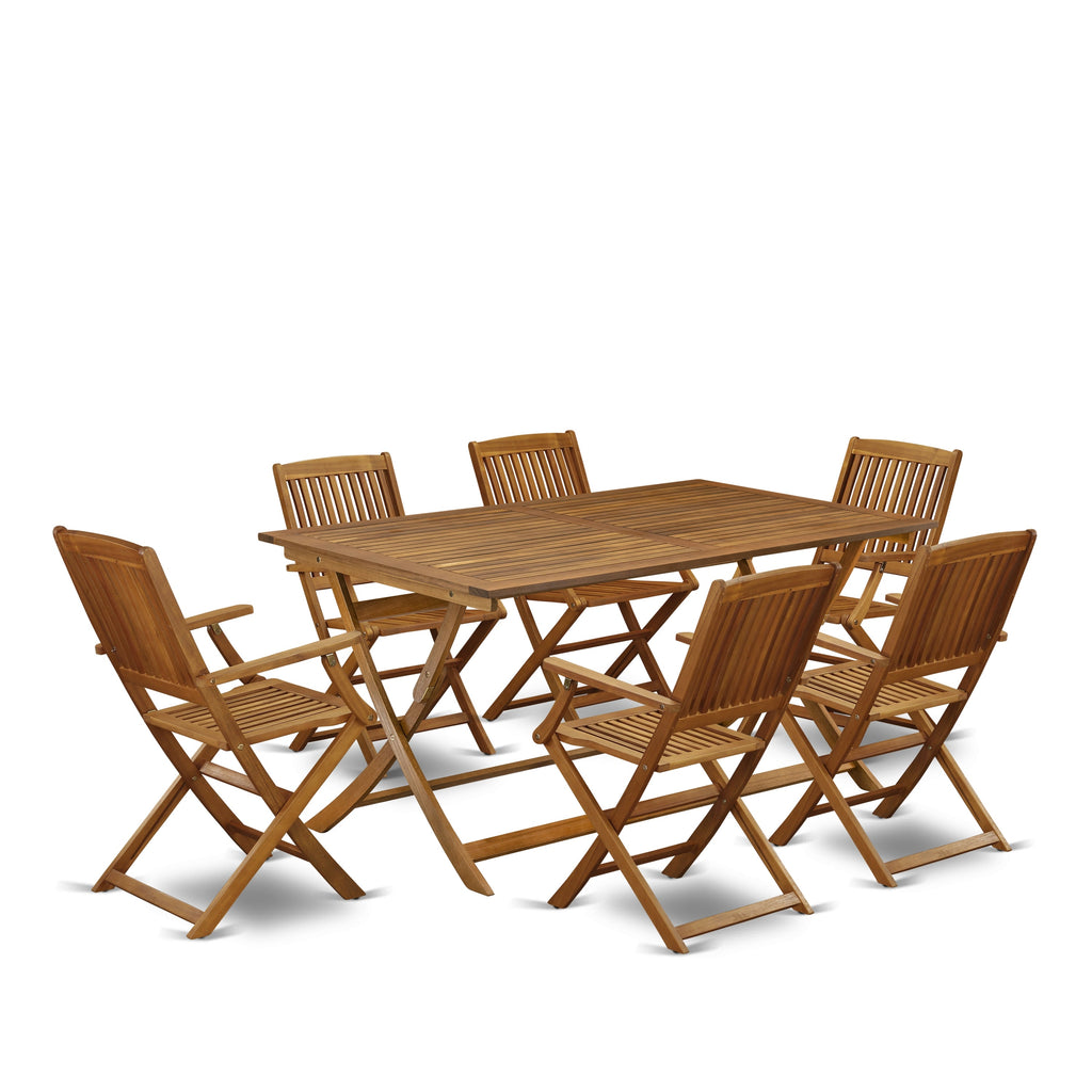 East West Furniture AECM7CANA 7 Piece Patio Bistro Dining Furniture Set Consist of a Rectangle Outdoor Acacia Wood Table and 6 Folding Arm Chairs