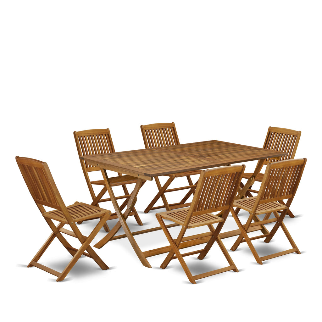 East West Furniture AECM7CWNA 7 Piece Patio Dining Set Consist of a Rectangle Outdoor Acacia Wood Table and 6 Folding Side Chairs