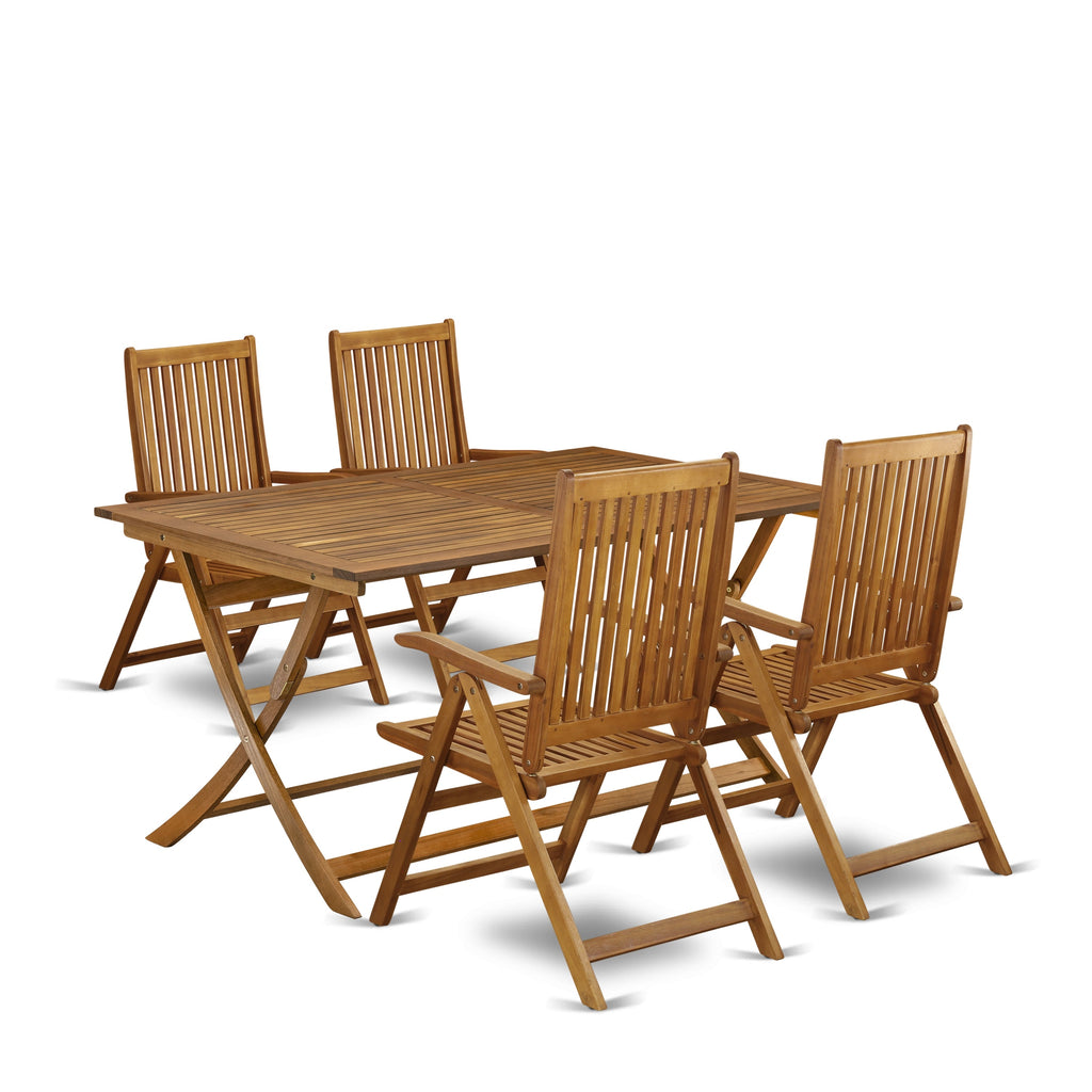 East West Furniture AECN5C5NA 5 Piece Patio Dining Set Includes a Rectangle Outdoor Acacia Wood Table and 4 Folding Adjustable Arm Chairs, 36x60 Inch, Natural Oil