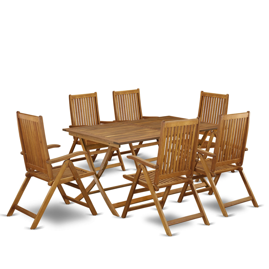 East West Furniture AECN7C5NA 7 Piece Outdoor Patio Dining Sets Consist of a Rectangle Acacia Wood Table and 6 Folding Adjustable Arm Chairs