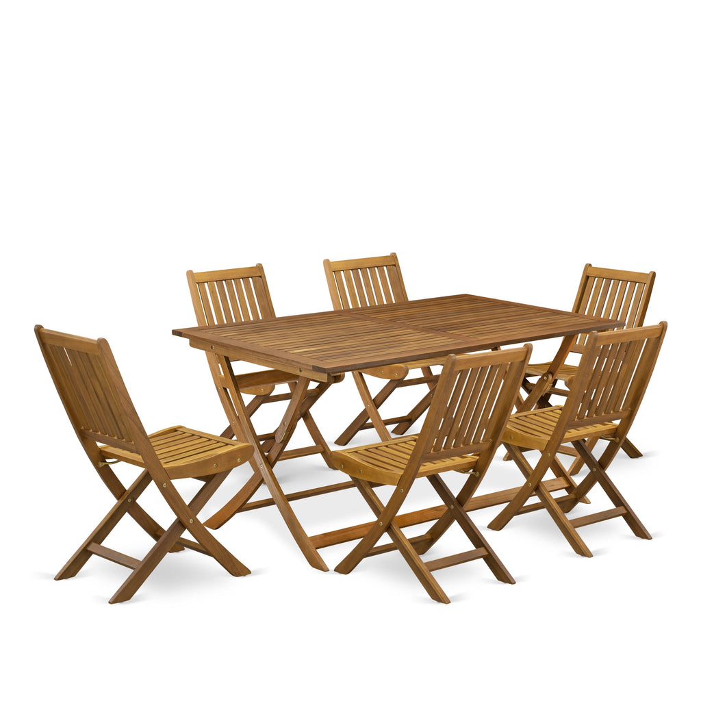 East West Furniture AEDK7CWNA 7 Piece Patio Bistro Dining Furniture Set Consist of a Rectangle Outdoor Acacia Wood Table and 6 Folding Side Chairs, 36x60 Inch, Natural Oil